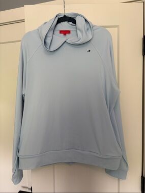 Men's Light Blue Performance Hoodie by Redvanly sporting a Flame logo